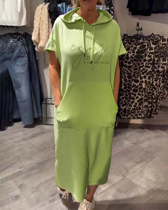 BEVERLEY | CASUAL SHORT-SLEEVE HOODED MIDI DRESS WITH POCKET