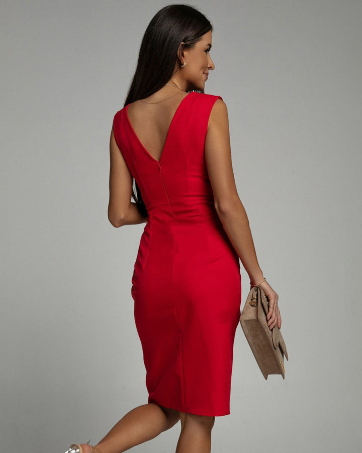 LORETTA | SLEEVELESS V-NECK RUCHED MIDI DRESS WITH SLIT