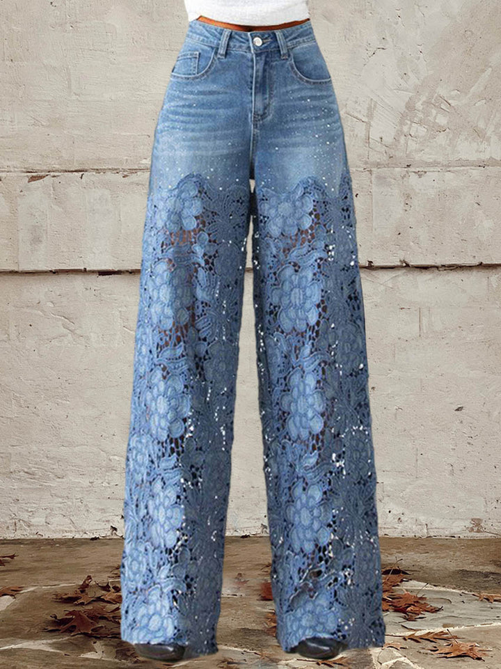 OCTAVIA | LACE PANEL WIDE-LEG DENIM JEANS