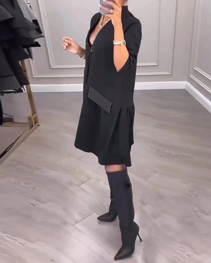 COLLEEN | ZIP-FRONT V-NECK SWING DRESS WITH RUFFLE HEM