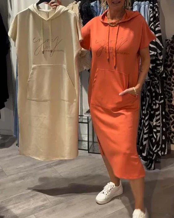 BEVERLEY | CASUAL SHORT-SLEEVE HOODED MIDI DRESS WITH POCKET
