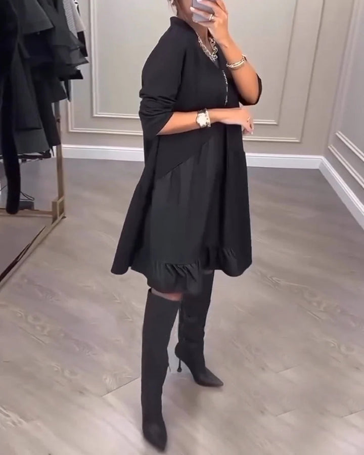 COLLEEN | ZIP-FRONT V-NECK SWING DRESS WITH RUFFLE HEM