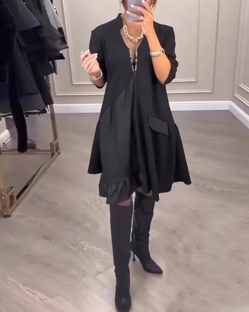 COLLEEN | ZIP-FRONT V-NECK SWING DRESS WITH RUFFLE HEM