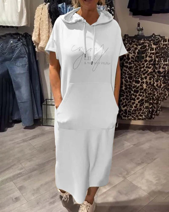 BEVERLEY | CASUAL SHORT-SLEEVE HOODED MIDI DRESS WITH POCKET