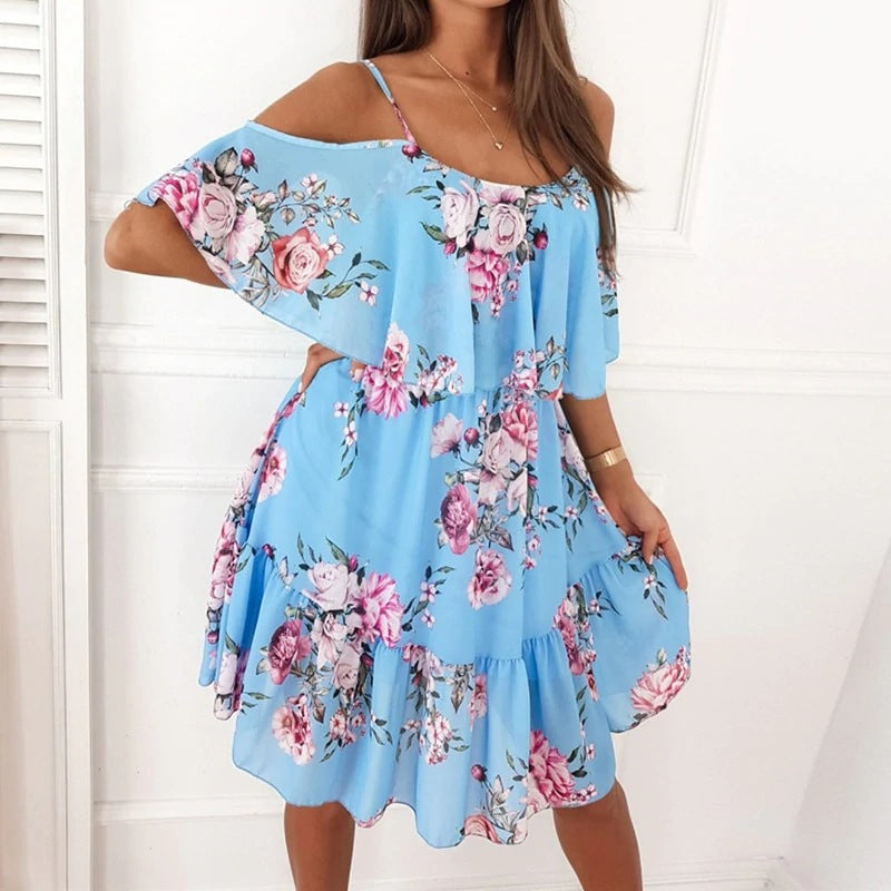 CALYNDRA | COLD SHOULDER FLORAL RUFFLE MINI DRESS