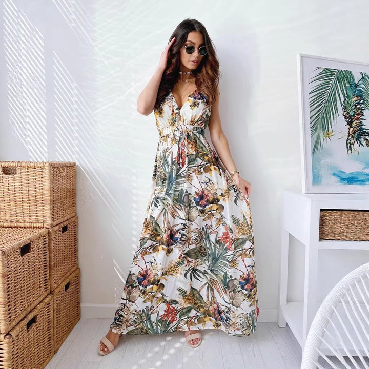 LENORA | TROPICAL PRINT V-NECK MAXI DRESS