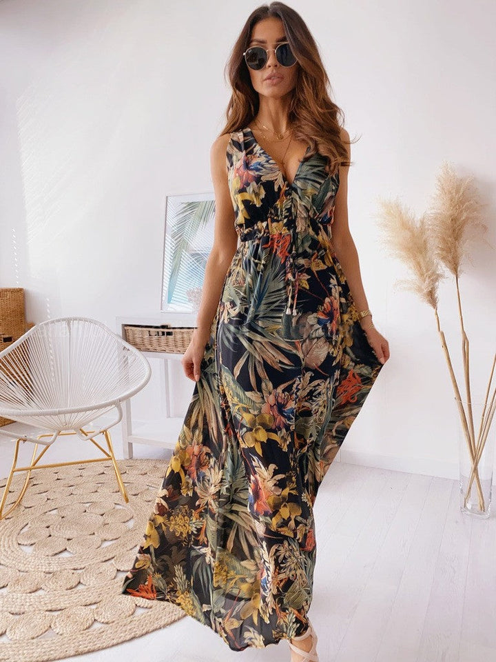LENORA | TROPICAL PRINT V-NECK MAXI DRESS