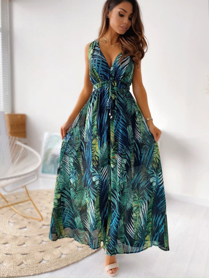 LENORA | TROPICAL PRINT V-NECK MAXI DRESS