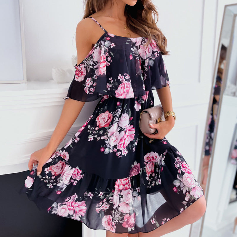 CALYNDRA | COLD SHOULDER FLORAL RUFFLE MINI DRESS