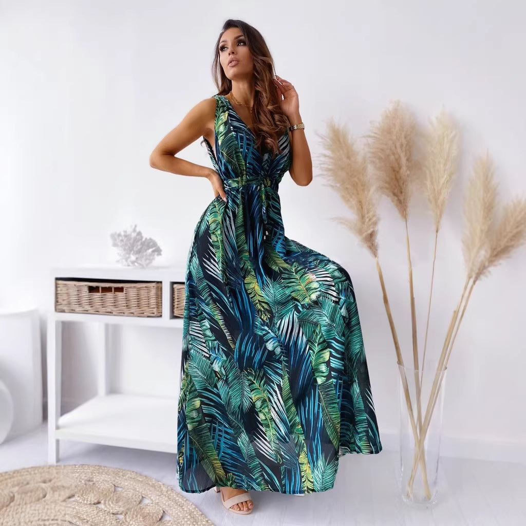 LENORA | TROPICAL PRINT V-NECK MAXI DRESS
