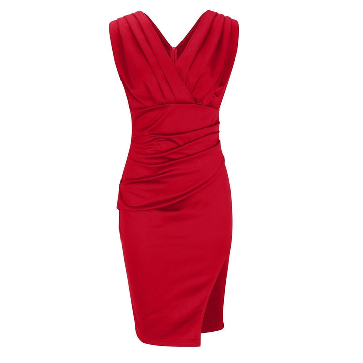 LORETTA | SLEEVELESS V-NECK RUCHED MIDI DRESS WITH SLIT