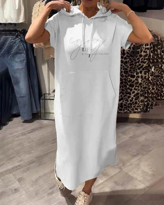 BEVERLEY | CASUAL SHORT-SLEEVE HOODED MIDI DRESS WITH POCKET