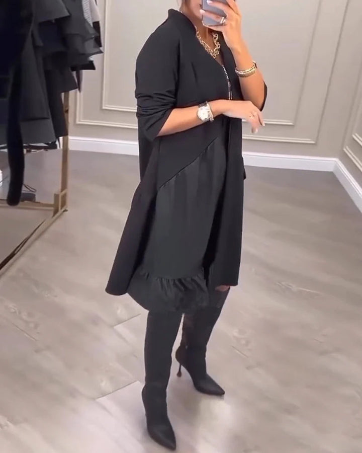 COLLEEN | ZIP-FRONT V-NECK SWING DRESS WITH RUFFLE HEM
