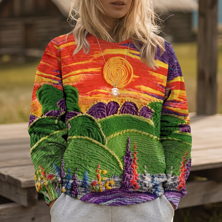 RAVELLA | SUNBURST LANDSCAPE PRINT RELAXED-FIT SWEATER