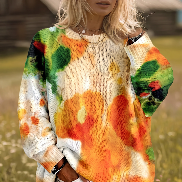 AMBERLEI | ORANGE TIE-DYE FLORAL ROUND-NECK SWEATER