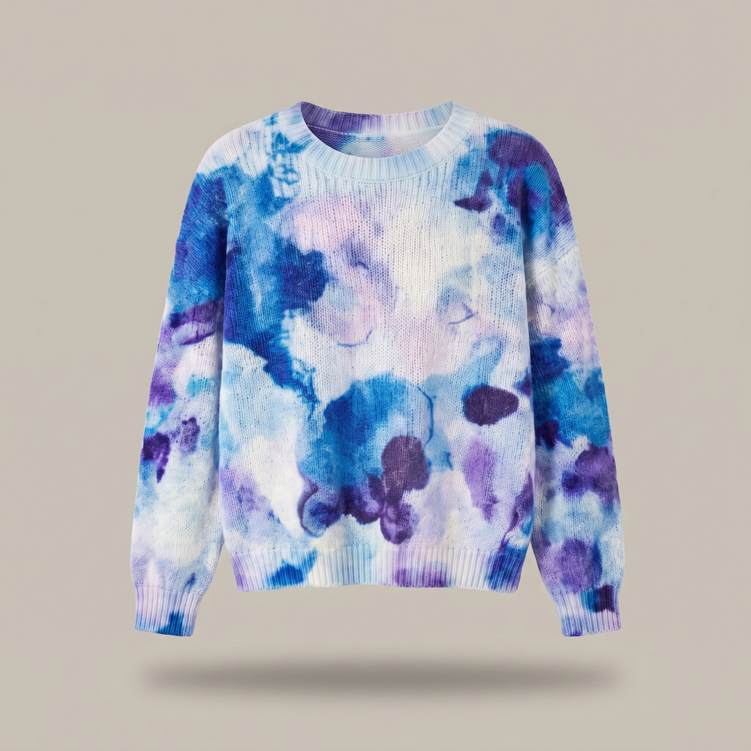 CERULYN | BLUE TIE-DYE FLORAL KNIT SWEATER