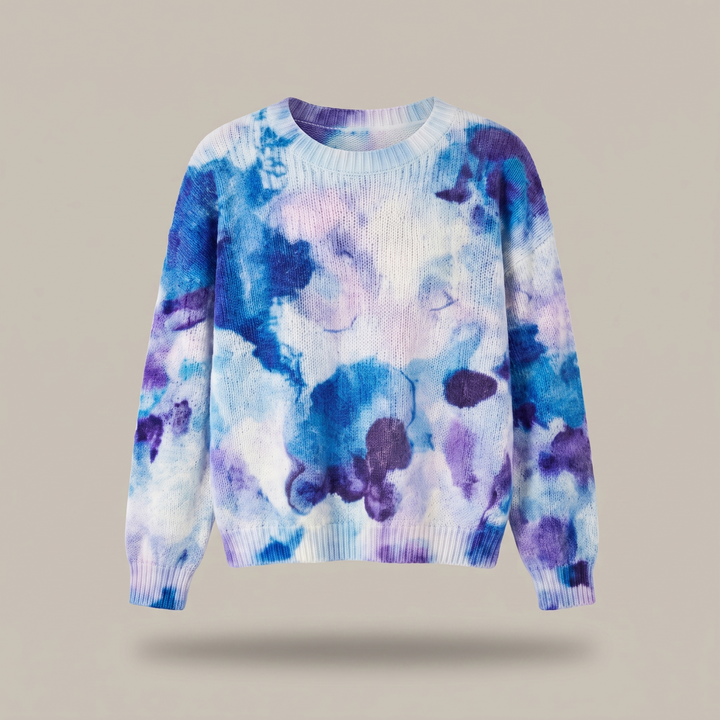 CERULYN | BLUE TIE-DYE FLORAL KNIT SWEATER